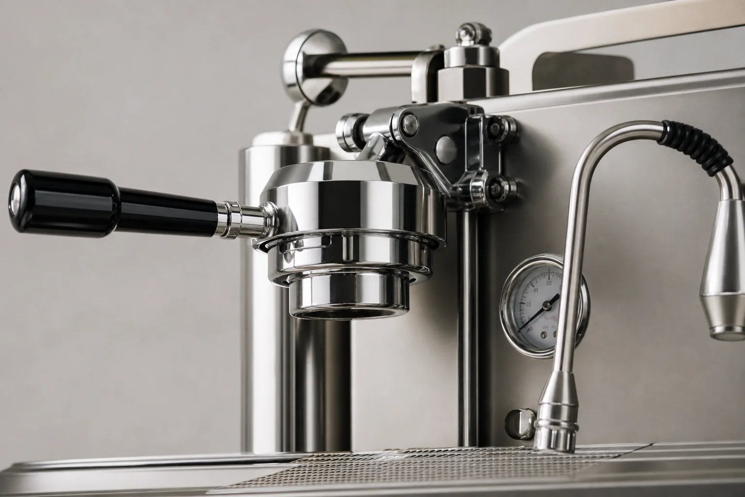 Close-up of espresso machine group head with E61 lever and pressure gauge