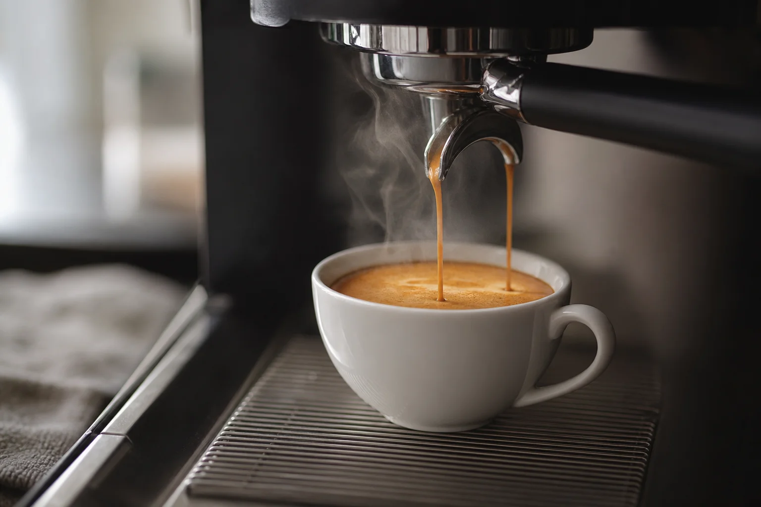 Espresso shot being pulled with visible crema into white cup
