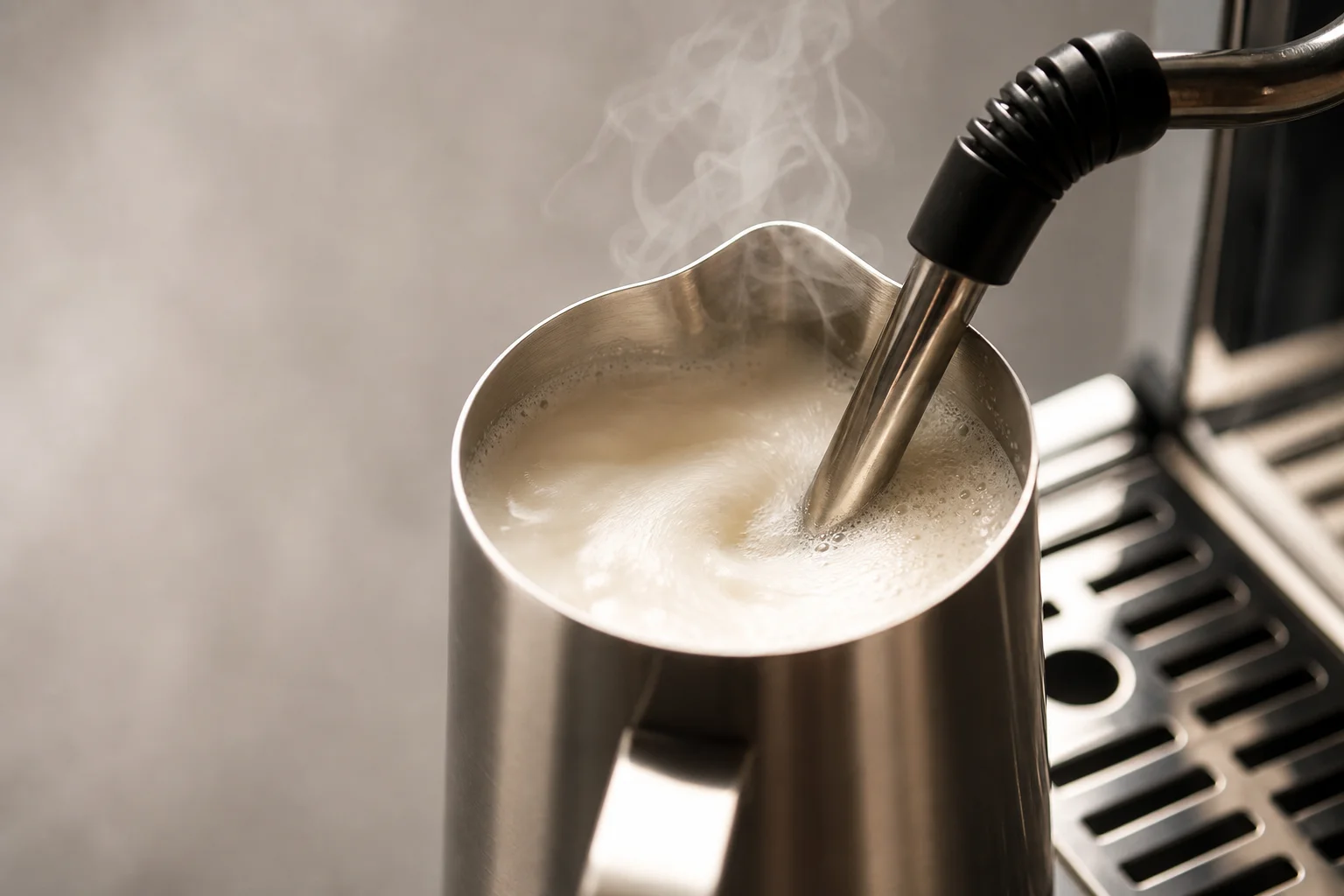 Milk being steamed in pitcher under steam wand with visible foam