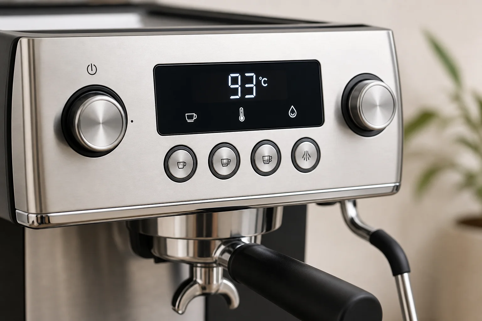 Modern espresso machine control panel with digital display and buttons