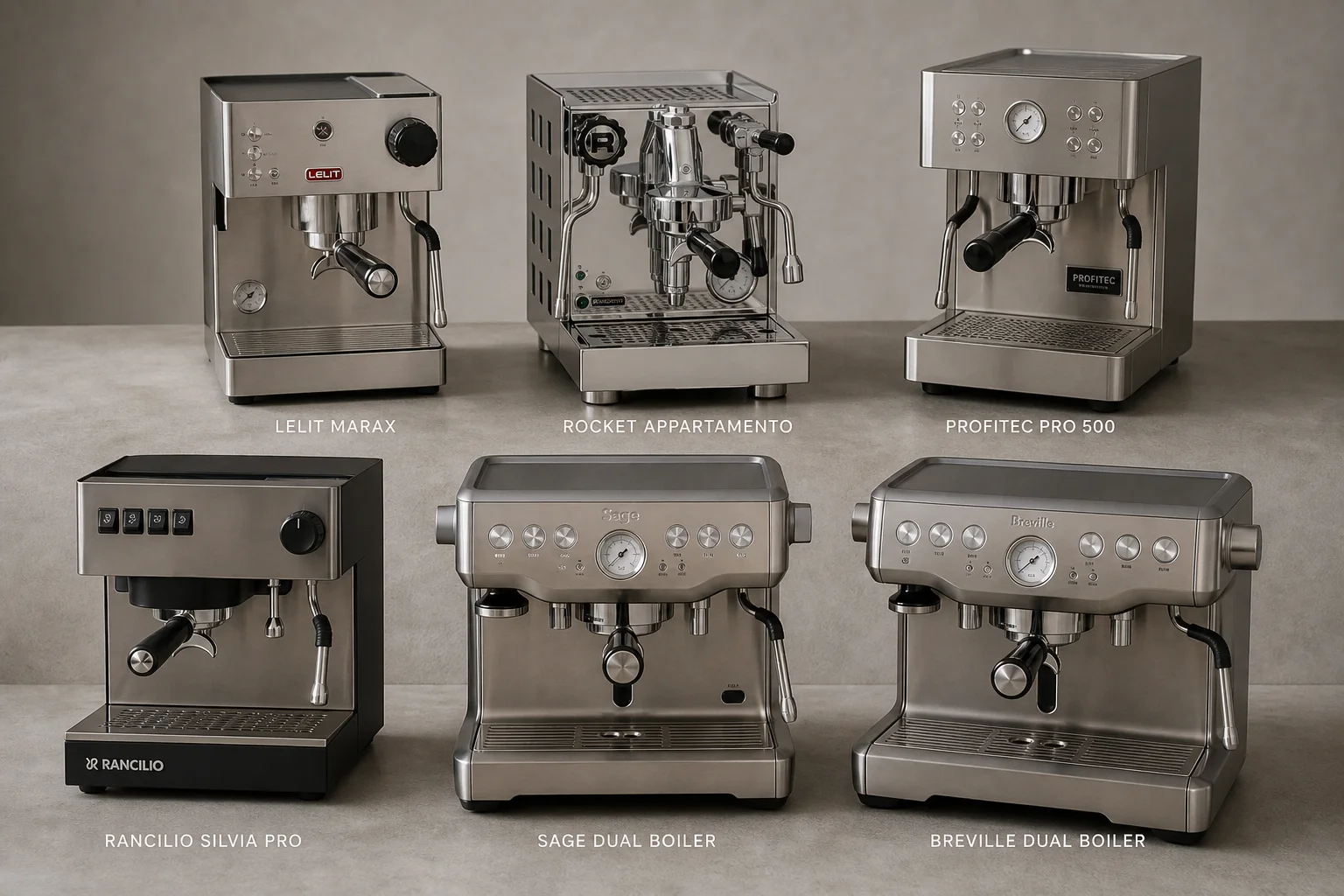 Six espresso machines arranged on concrete surface showing different designs and sizes
