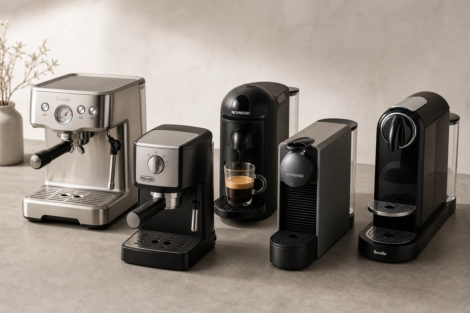 Five espresso machines arranged on concrete surface including pump and capsule models
