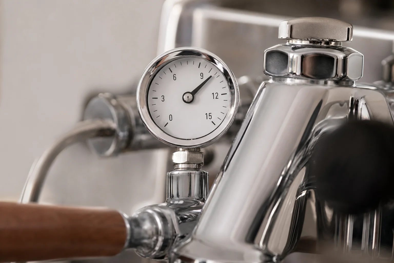 Close-up of espresso machine pressure gauge showing needle at nine bars