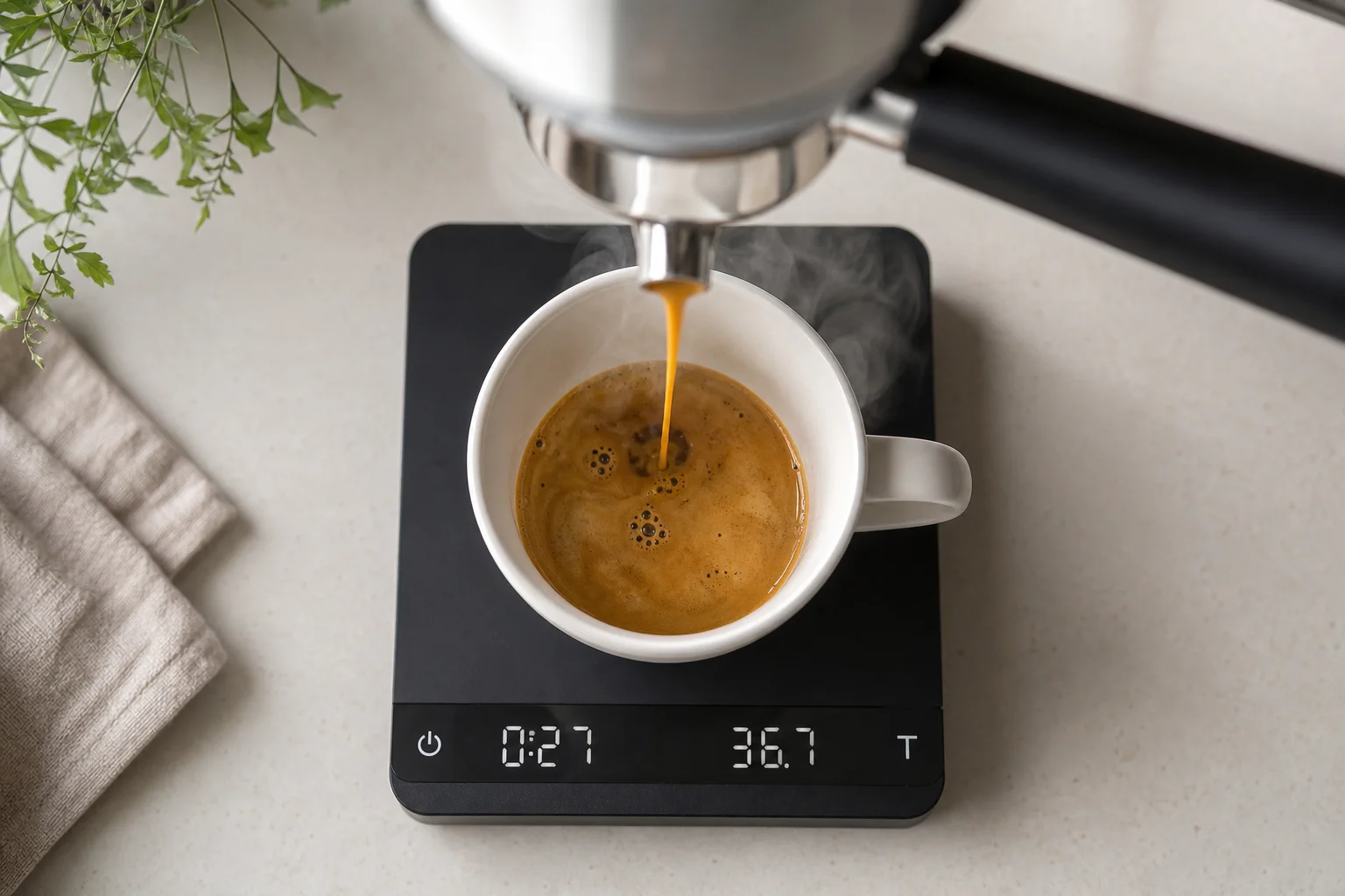 Espresso shot pouring from portafilter into white cup on scale