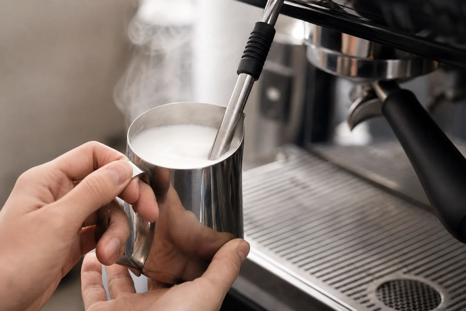 Milk being steamed in a metal pitcher with steam wand creating microfoam