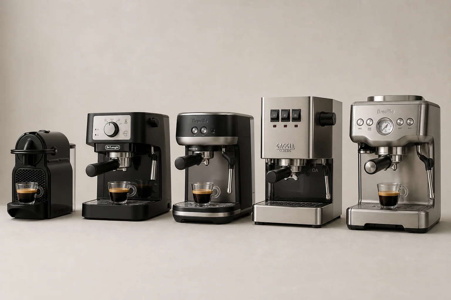 Five espresso machines lined up showing different designs and finishes