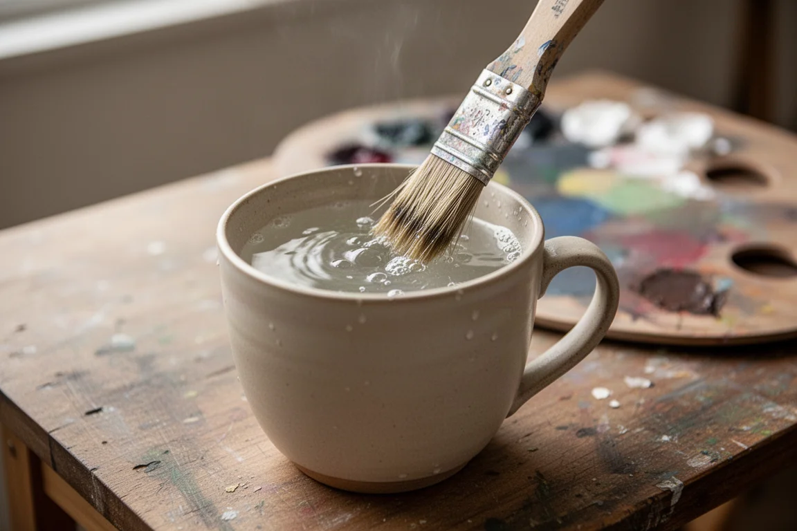 Enjuagando un pincel en una taza de cerámica con agua turbia en el escritorio de un estudio
