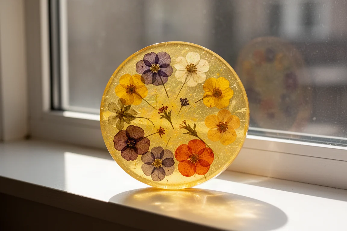 Paleta de pintura de resina con flores prensadas expuesta en un alféizar luminoso