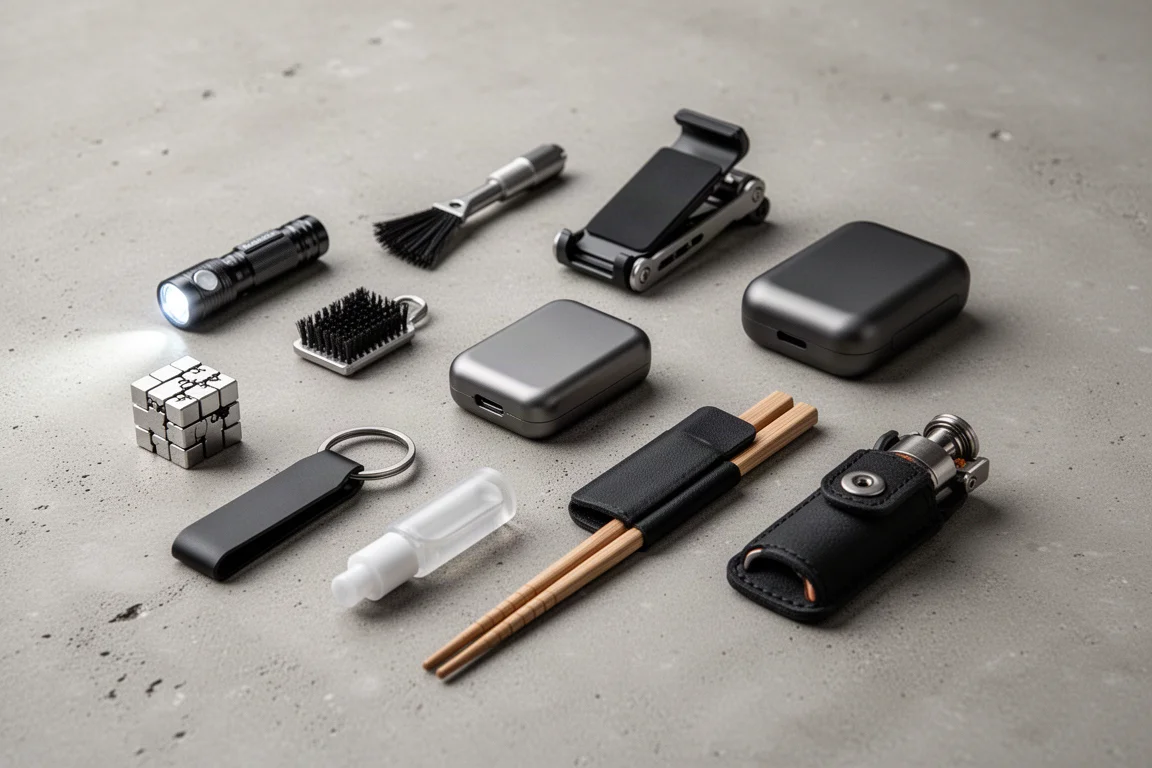 Nove piccoli accessori da everyday carry disposti su una superficie di cemento