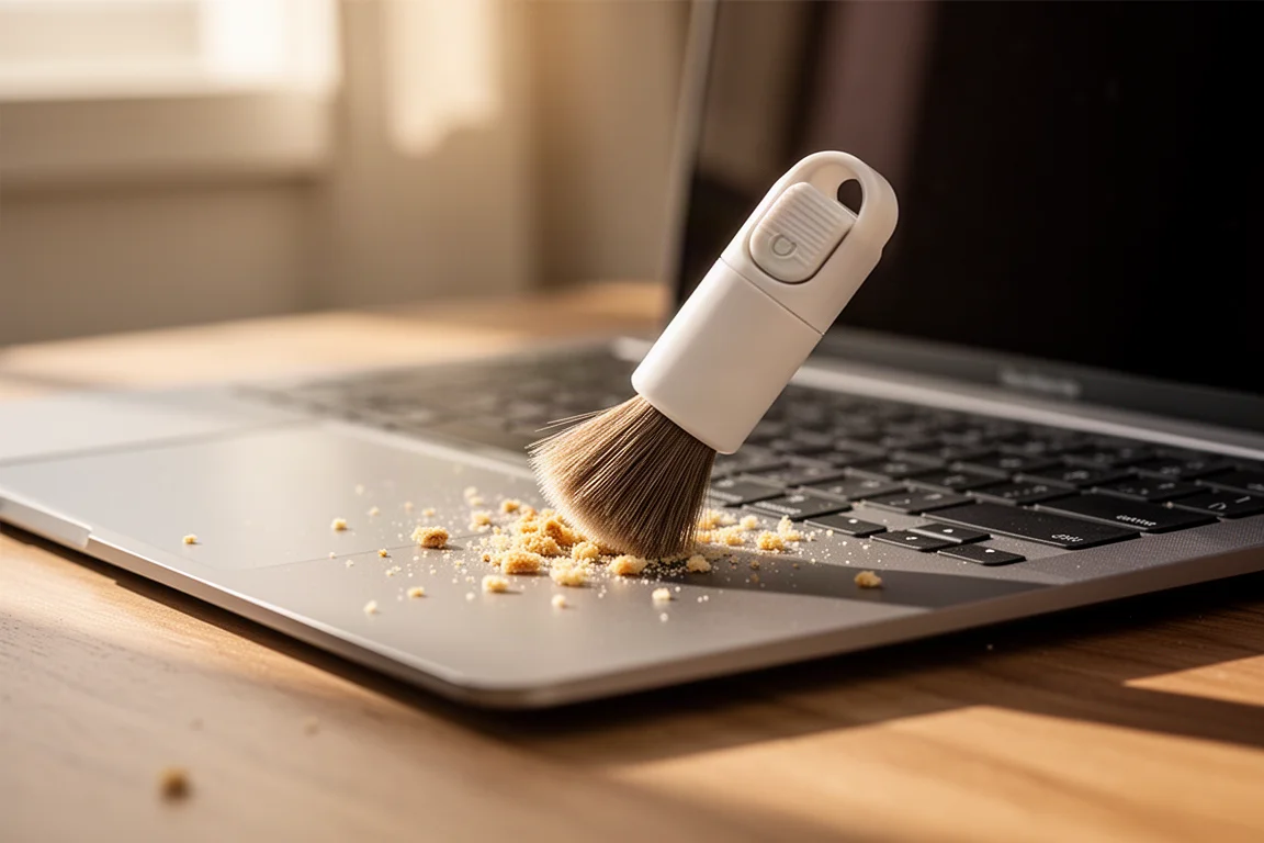 Primeiro plano de uma escova macia varrendo migalhas de um teclado de laptop