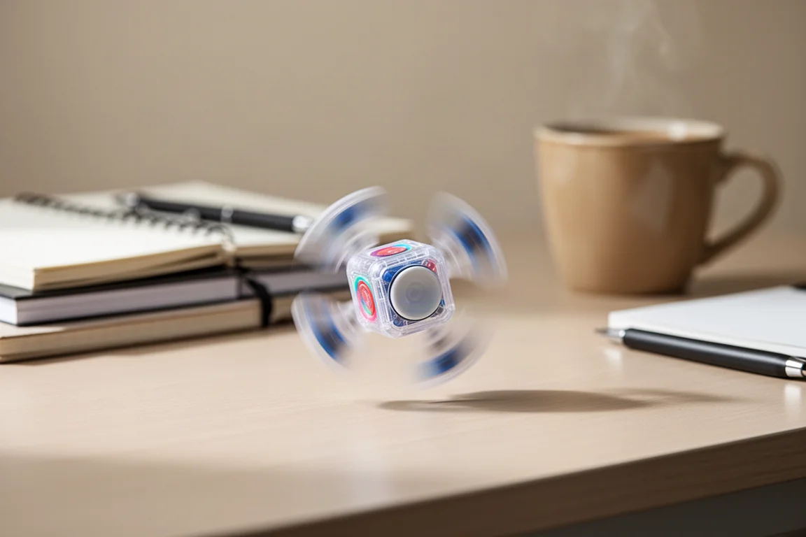 Cubinho fidget girando sobre uma escrivaninha entre anotações de estudo