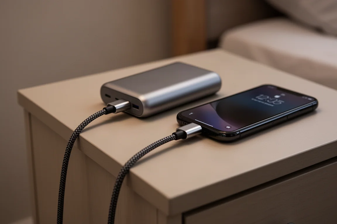 Cabo de carregamento curto multi-conector ligado a um celular numa mesa de cabeceira
