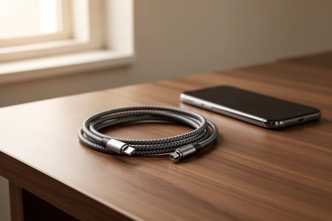 Kurzes magnetisches Ladekabel ordentlich aufgerollt auf einem Holztisch neben einem Smartphone