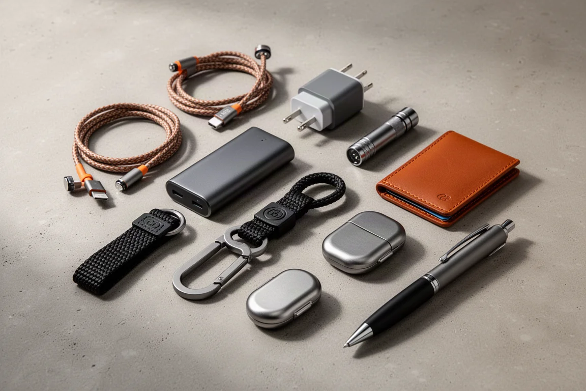 Composizione flat-lay di dieci accessori everyday carry compatti su una superficie in cemento