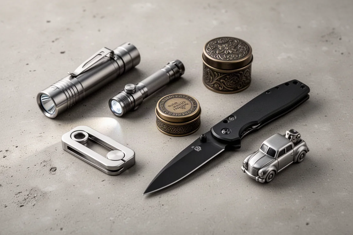 Sechs Everyday-Carry-Accessoires, darunter Taschenlampen, ein Messer, ein Fidget-Slider, ein Festdufft-Döschen und ein Spielzeugauto-Feuerzeug auf Beton