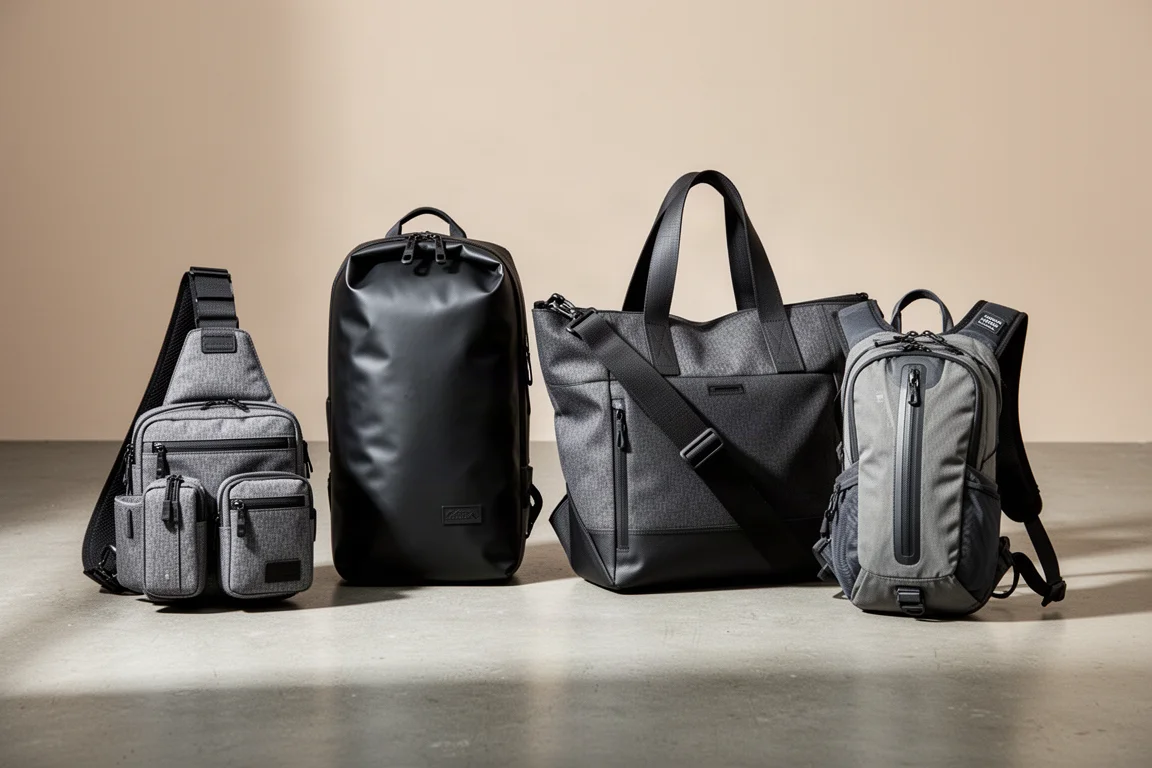 Quattro borse everyday carry allineate su un pavimento in cemento da studio