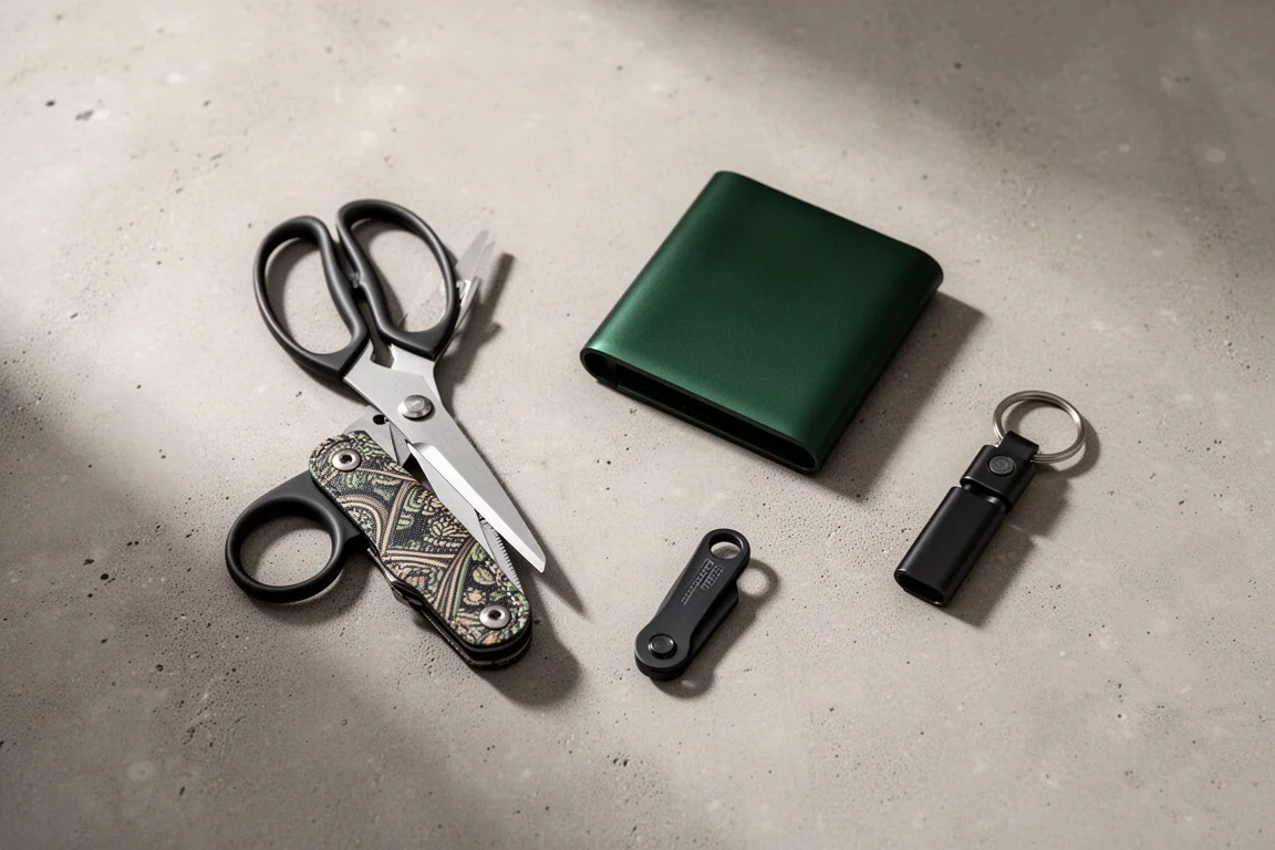 Flat lay av tre vardagsbärande produkter arrangerade på en betongyta