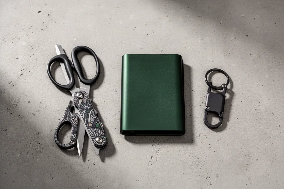 Drei günstige Everyday-Carry-Artikel auf Beton ausgelegt: Schere, Wallet und Titan-Schlüsselclip