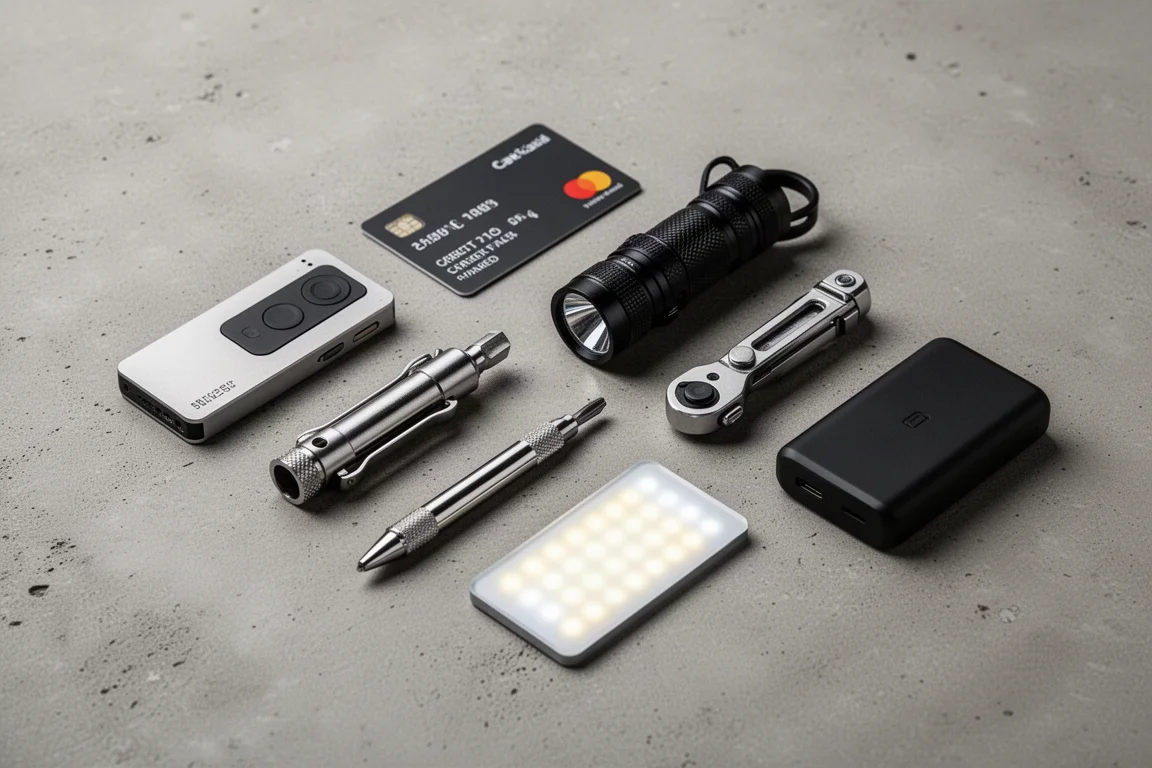 Draufsicht auf sieben kompakte Everyday-Carry-Gadgets auf einer Betonoberfläche