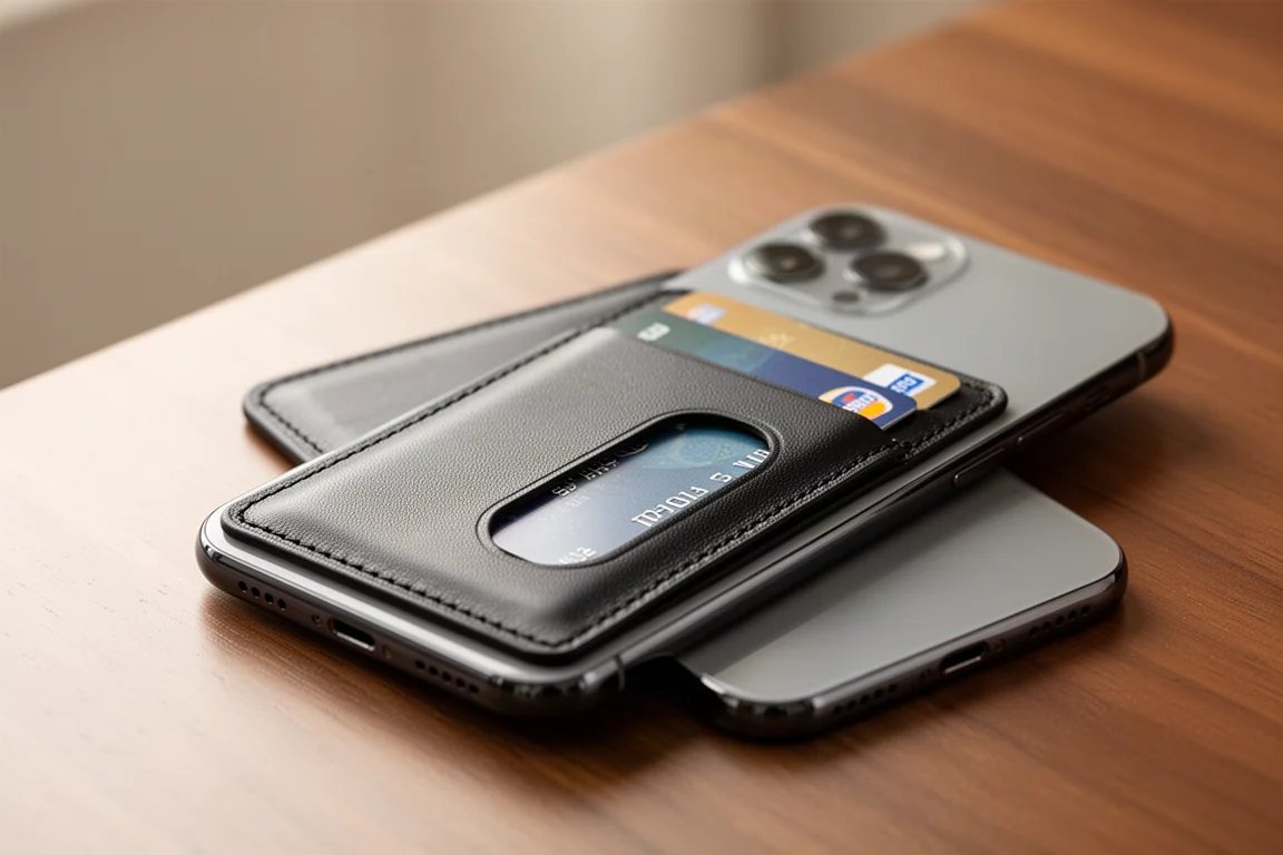 Slanke leren magnetische portemonnee aan de achterkant van een smartphone op een bureau