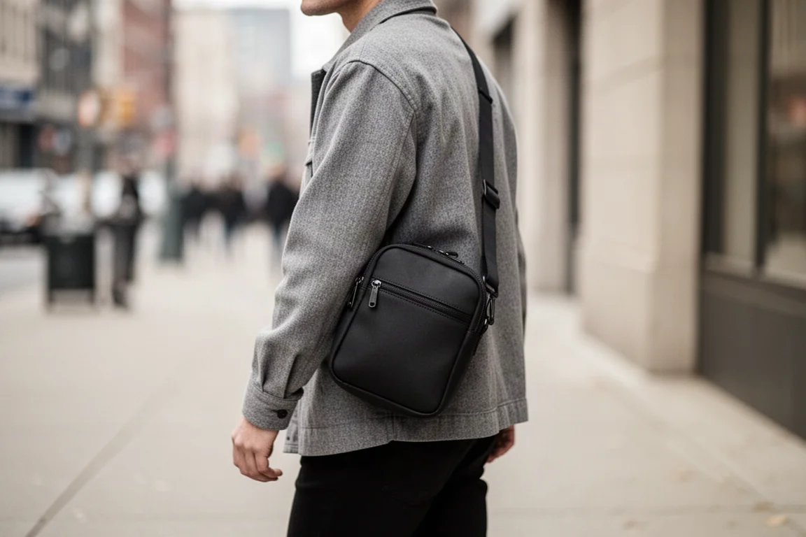 Compacte sling bag als borsttas gedragen door iemand die buiten wandelt