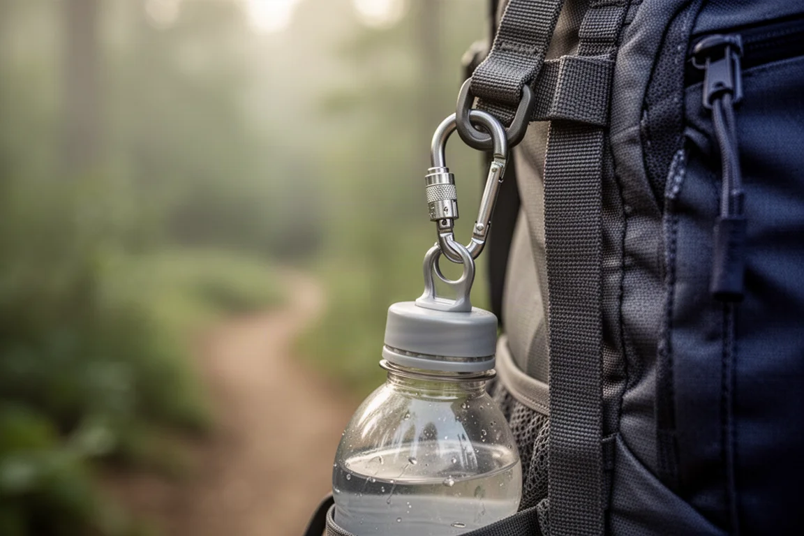 Afsluitbare karabijnhaak aan een rugzakriem geklipt met daaronder een waterfles