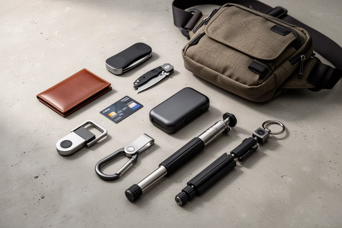 Flat-Lay mit neun Everyday-Carry-Accessoires, angeordnet auf einer Betonoberfläche