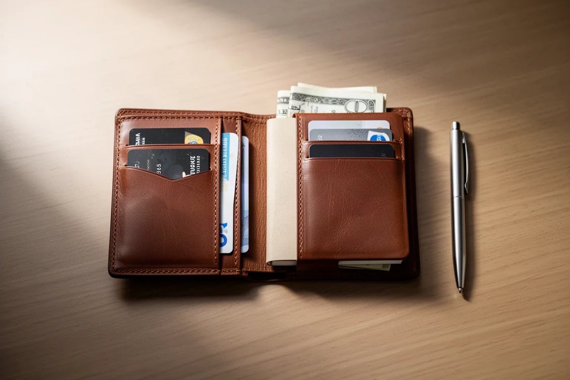 Portafoglio bi-fold in pelle aperto con carte, banconote piegate, un piccolo taccuino e una penna