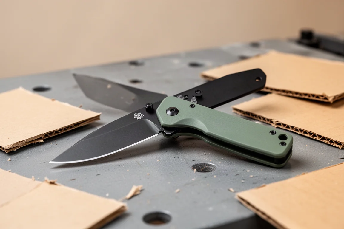 Coltello tascabile pieghevole con lama con rivestimento scuro, semiaperto su un banco da lavoro