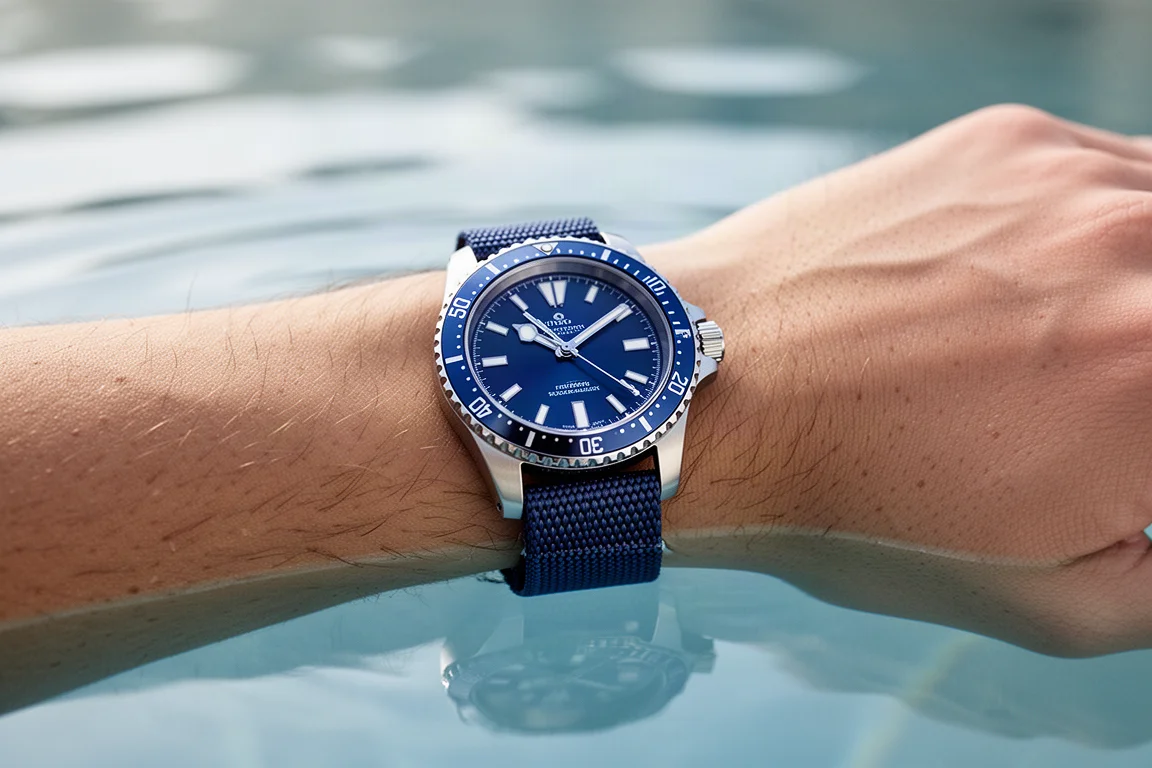 Orologio subacqueo in acciaio con quadrante blu e lunetta girevole al polso vicino all'acqua