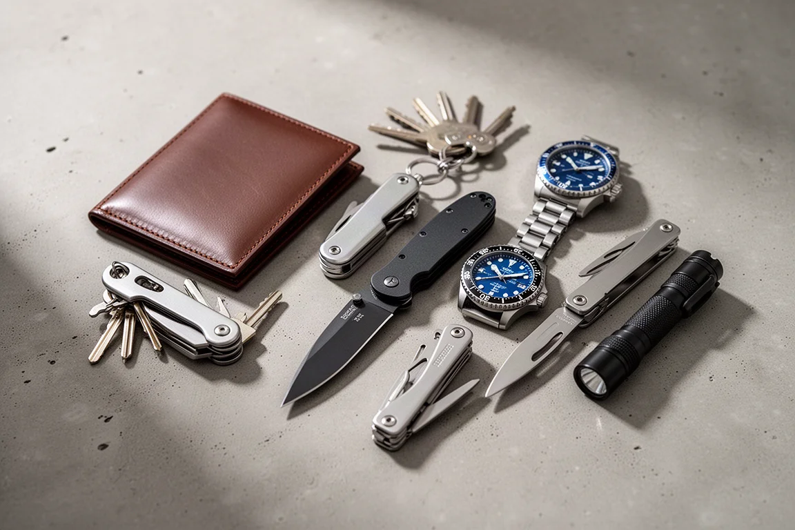 Widok z góry na przedmioty EDC: portfel, organizator kluczy, nóż, zegarek, multitool i latarka