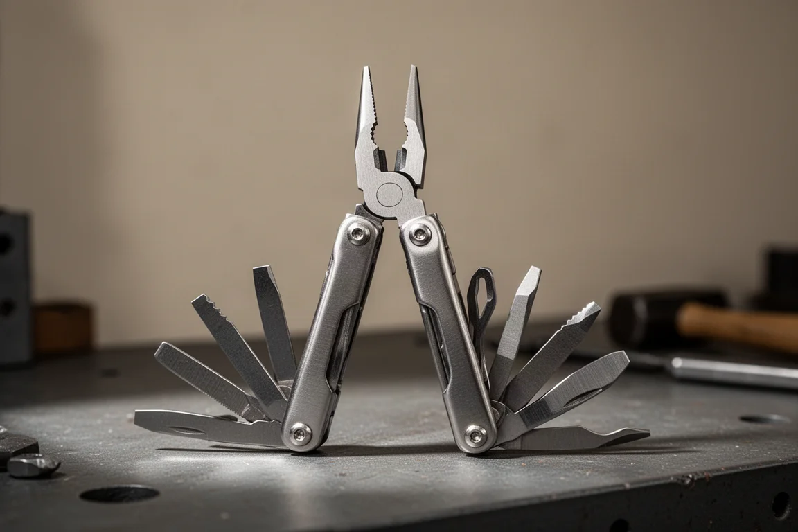 RVS multitool met opengeklapte tang op een werkbank