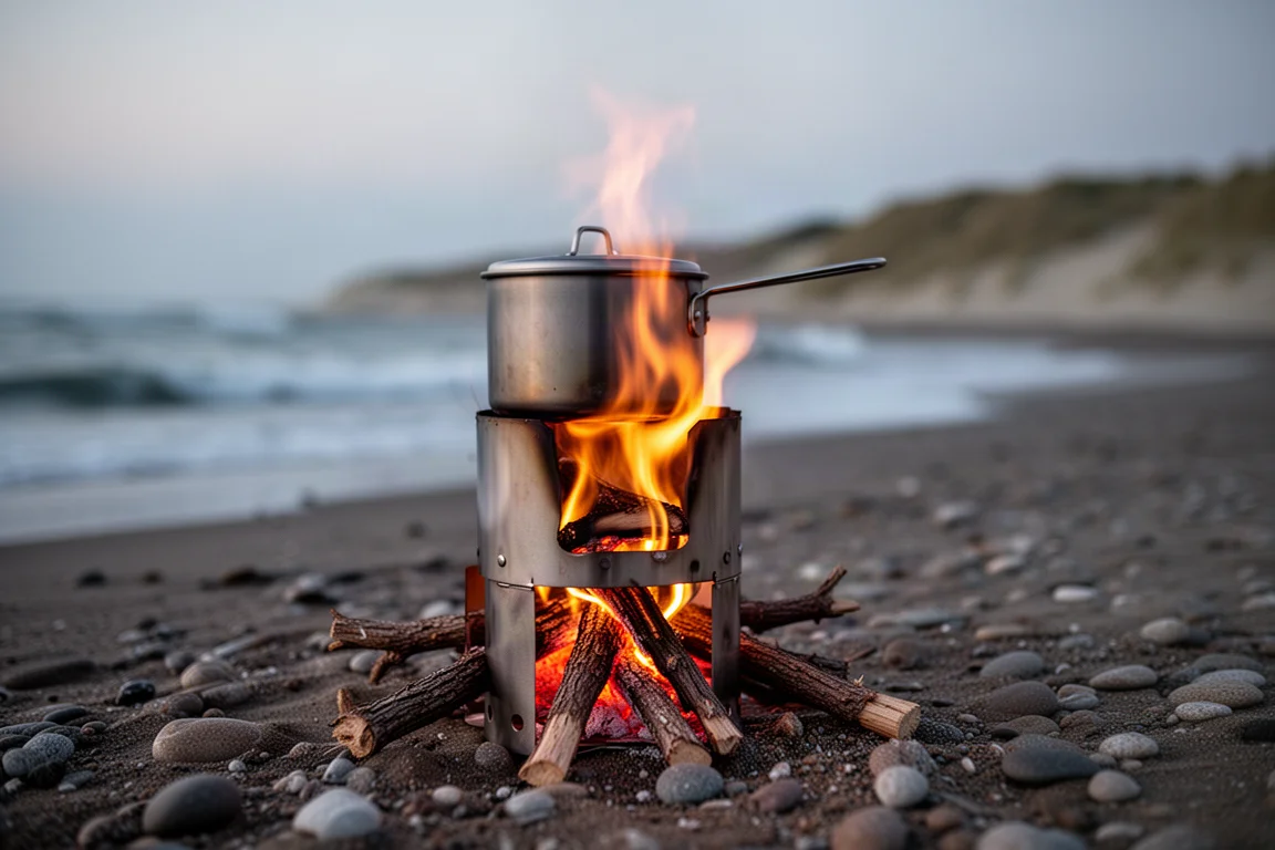 Klein RVS takjeskachel brandend op een strand in de schemering