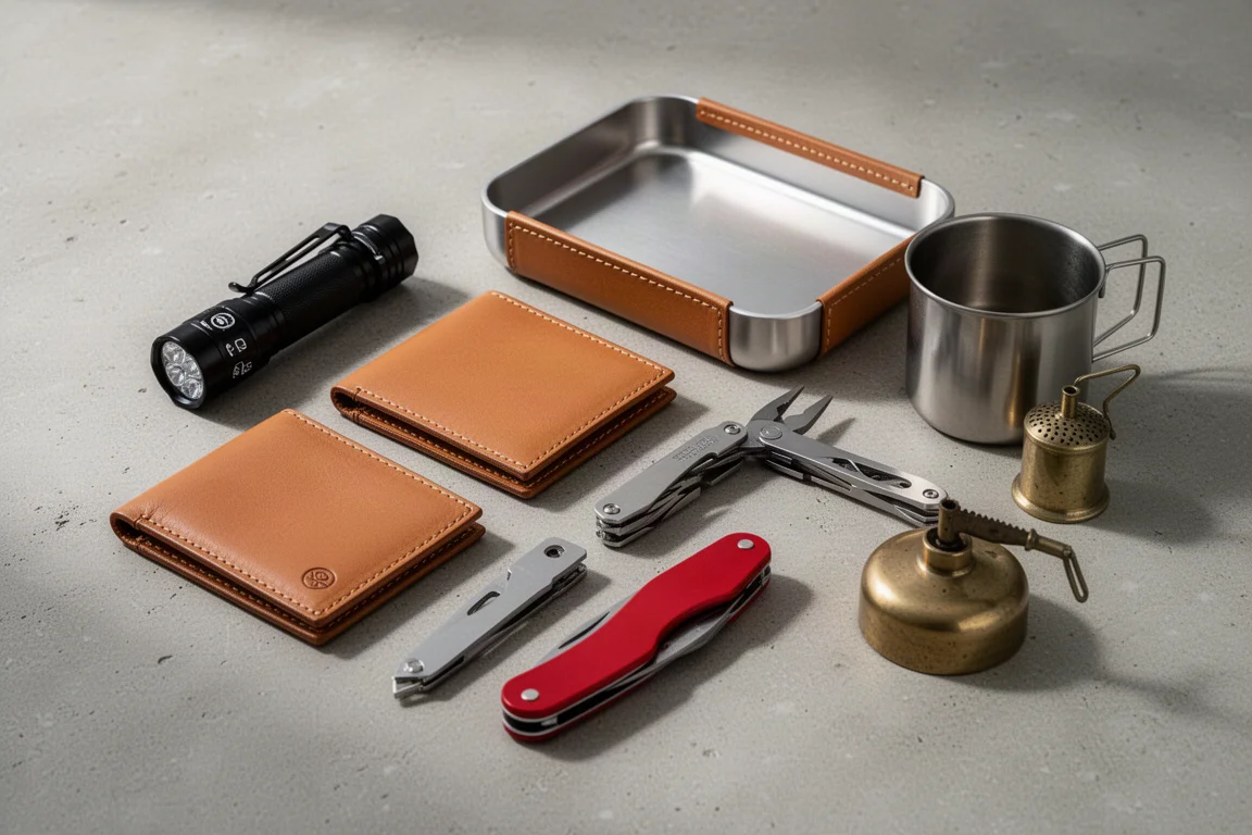 Flat-lay di sette oggetti da everyday carry tra cui torcia, portafoglio, vassoi, multi-tool, coltello, fornello e bruciatore