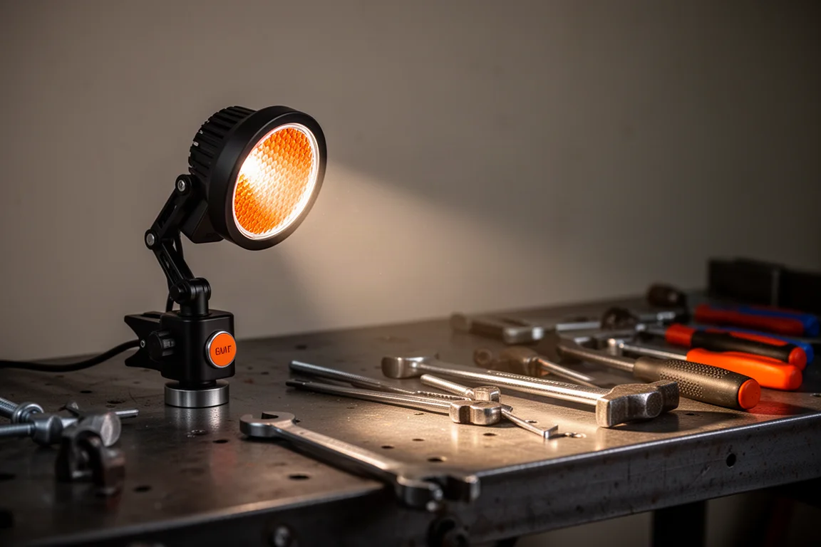 Lampe d'atelier articulée compacte projetant un large faisceau sur un établi la nuit