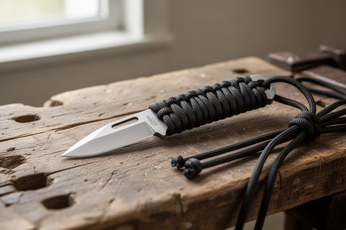 Couteau à lame fixe avec manche gainé de paracorde posé sur un établi en bois
