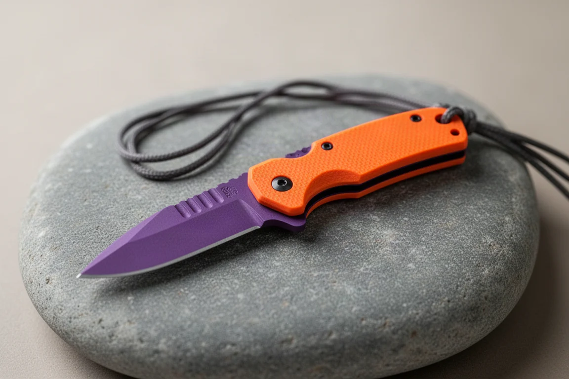 Petit couteau de cou à plaquettes G10 orange tenu dans une douce lumière du soir