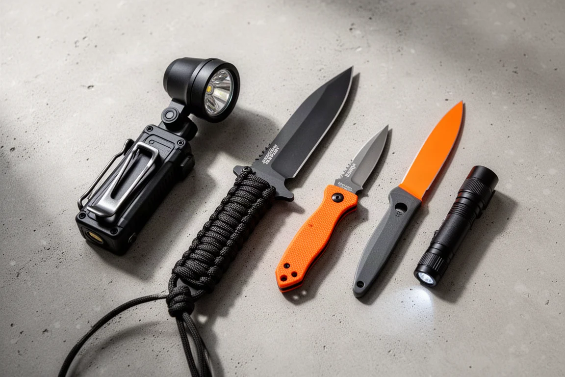 Flat-lay van vijf everyday carry-zaklampen en messen op een betonnen ondergrond