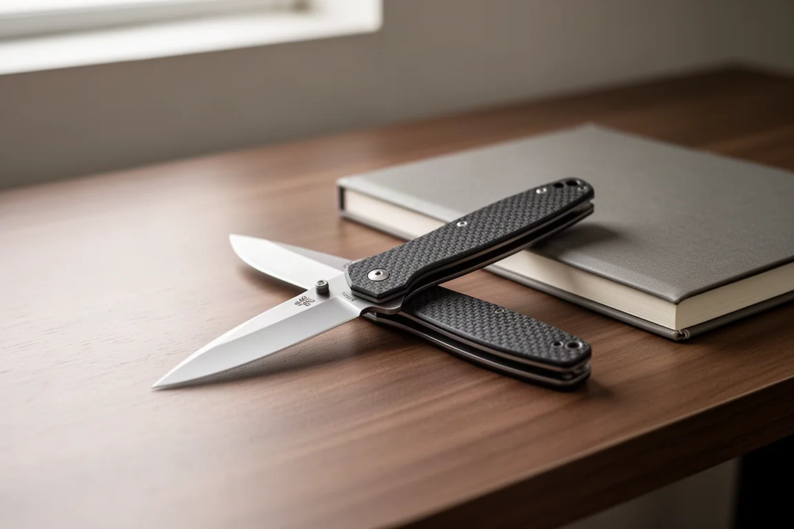 Slim folding pocket knife open on a wooden desk beside a notebook