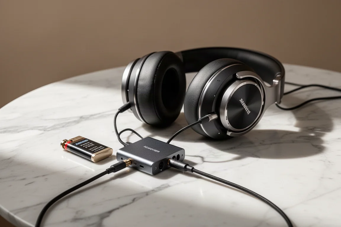 Person listening to music with wired headphones connected to a small portable DAC
