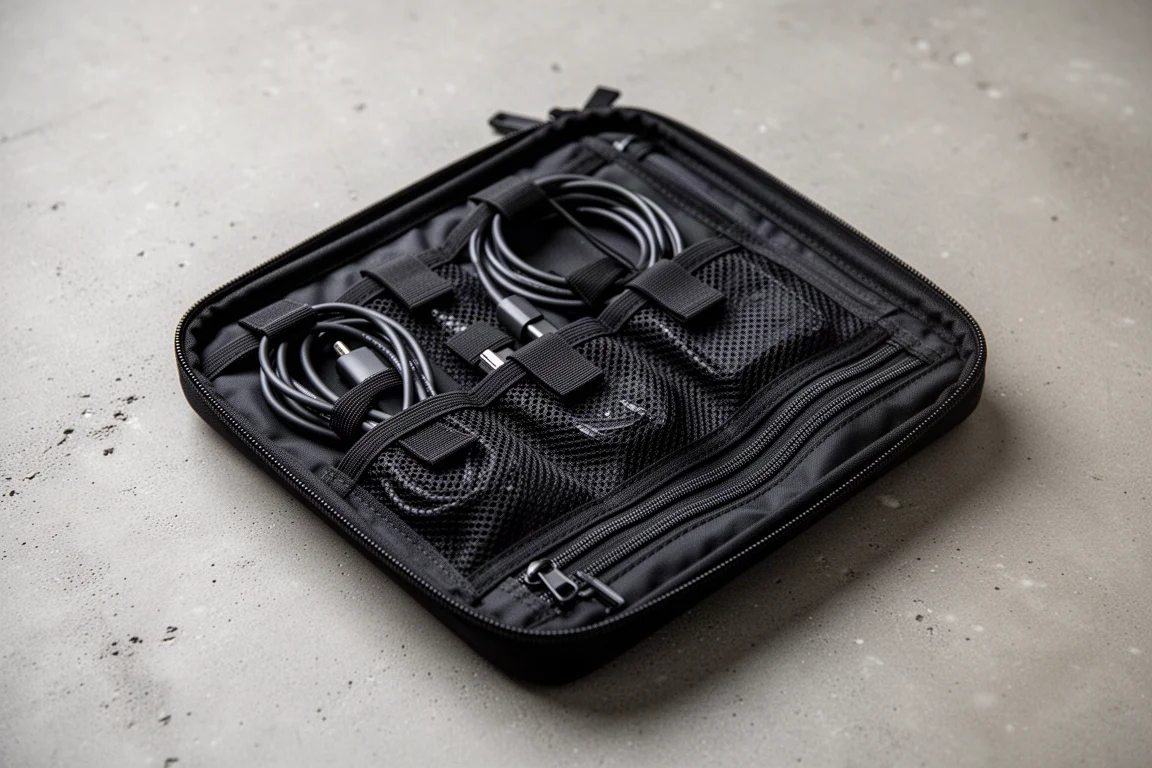 Well-organized tech pouch open showing internal pockets and cable organization
