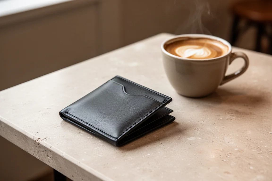 Leather bifold wallet with metal card mechanism on a cafe table
