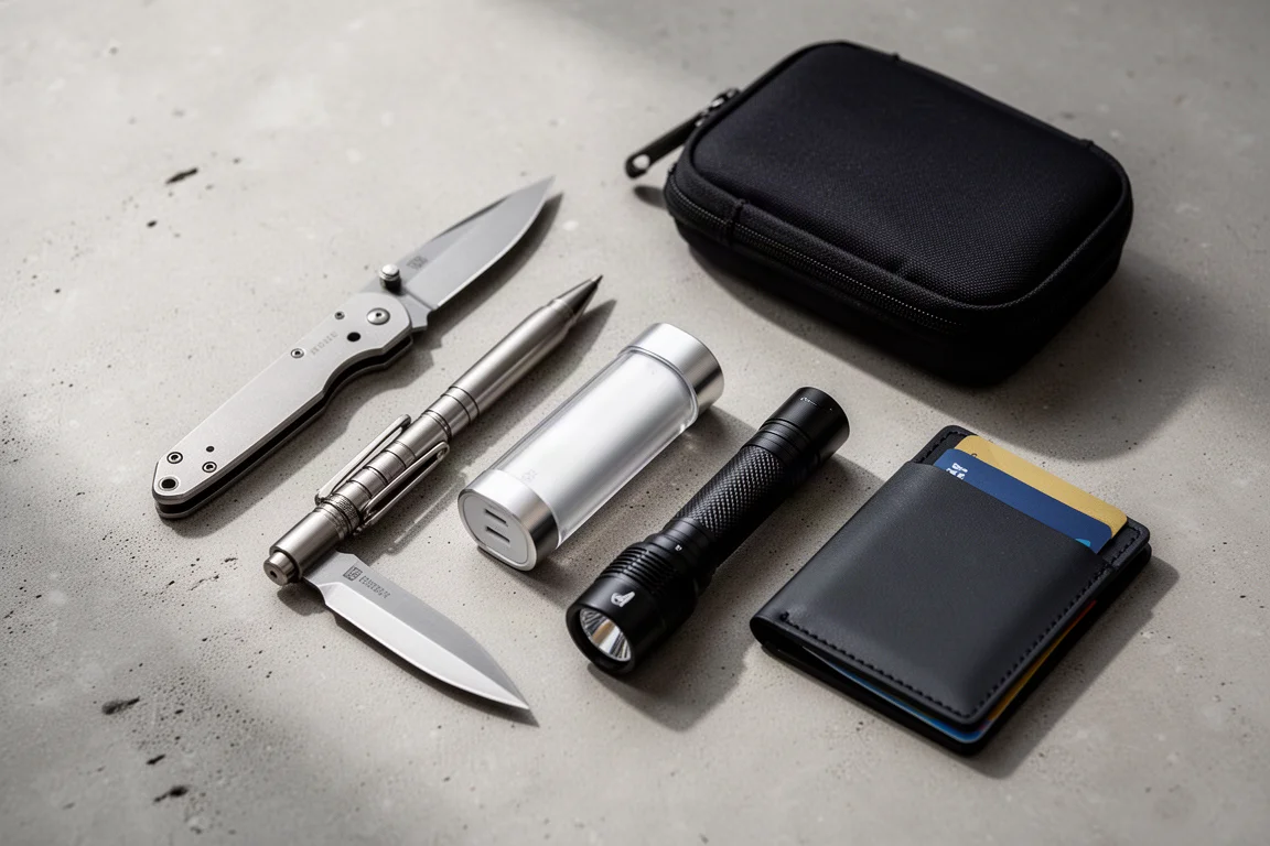 Flat-lay codziennego ekwipunku: nóż, długopis, powerbank, latarka, organizer i portfel na betonie