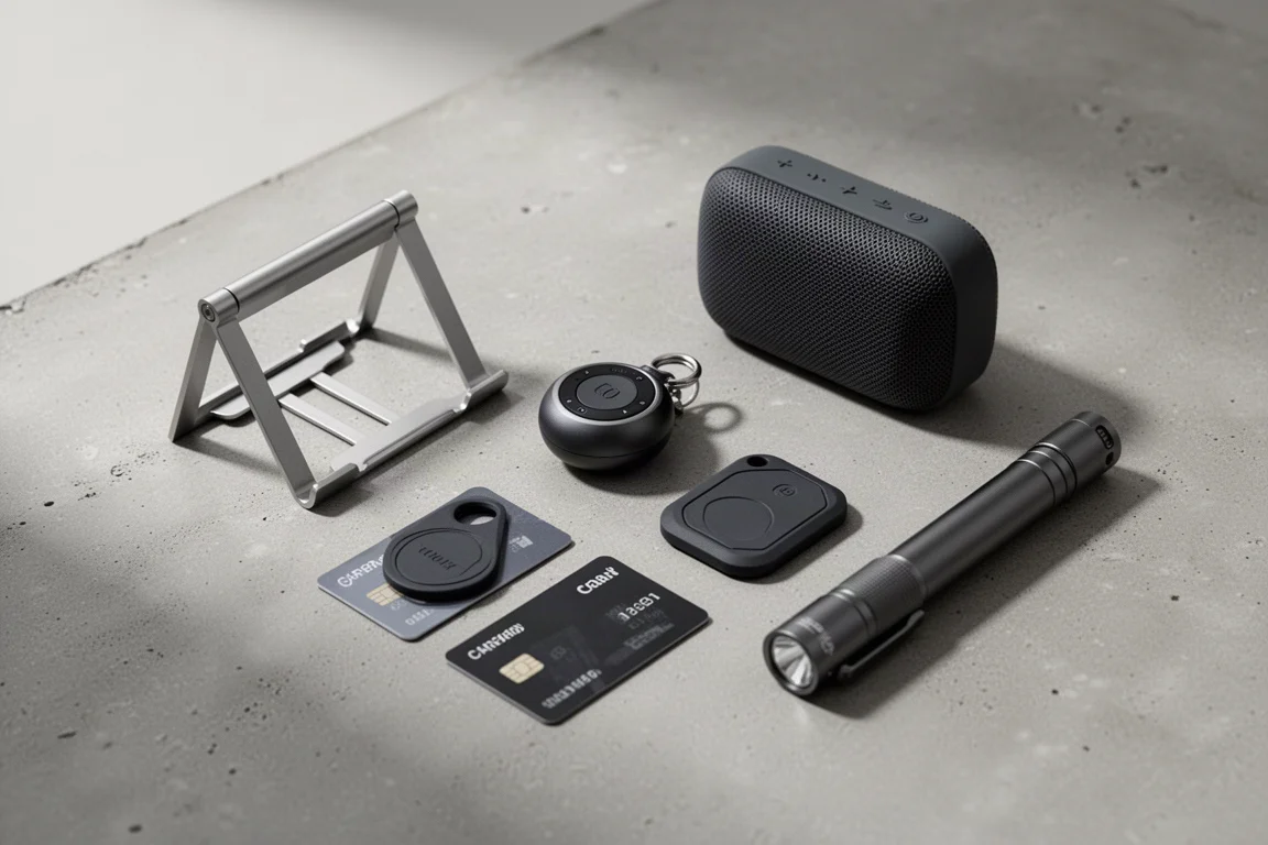 Styk gadżetów everyday carry na betonie: stand na telefon, rejestrator, głośnik, trackery i latarka
