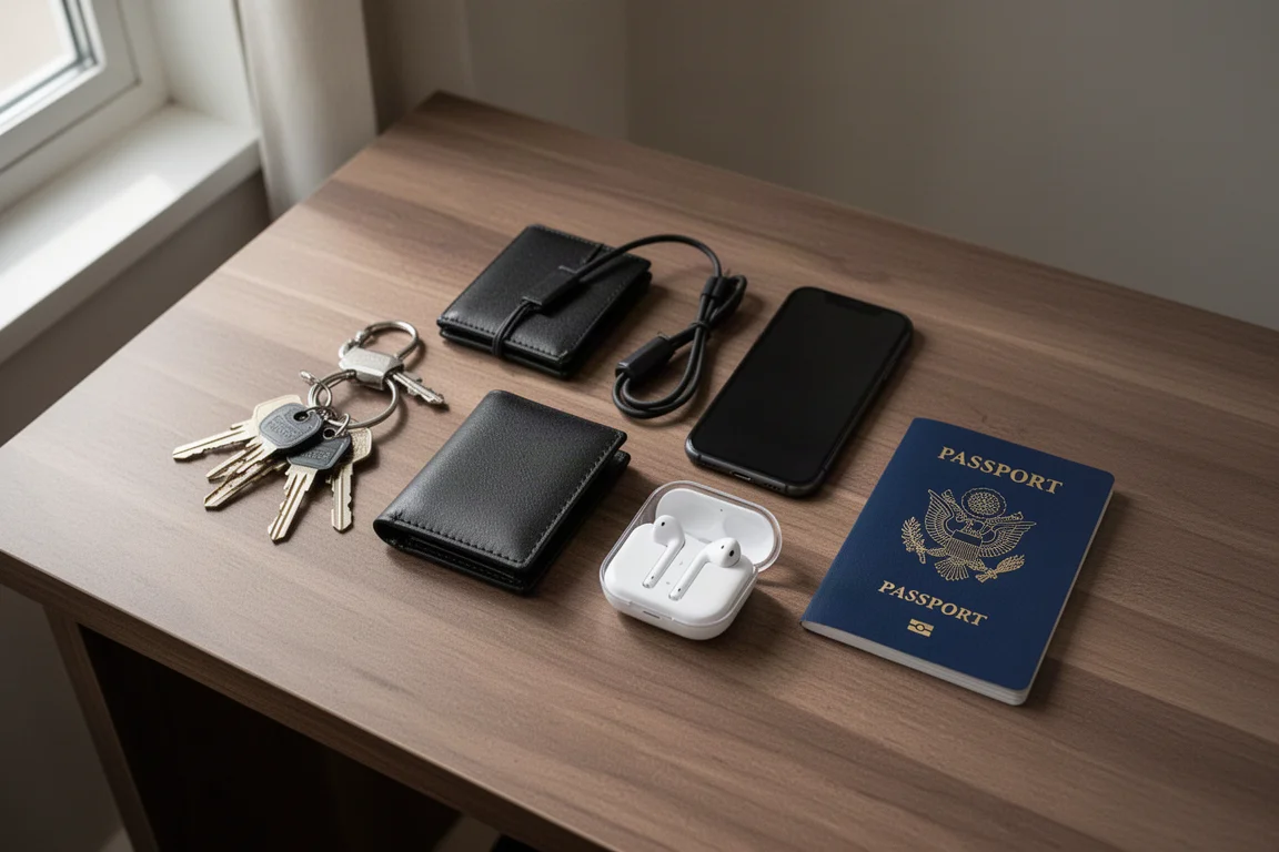 Resenärens vardagsprylar upplagda på ett skrivbord i trä innan packning
