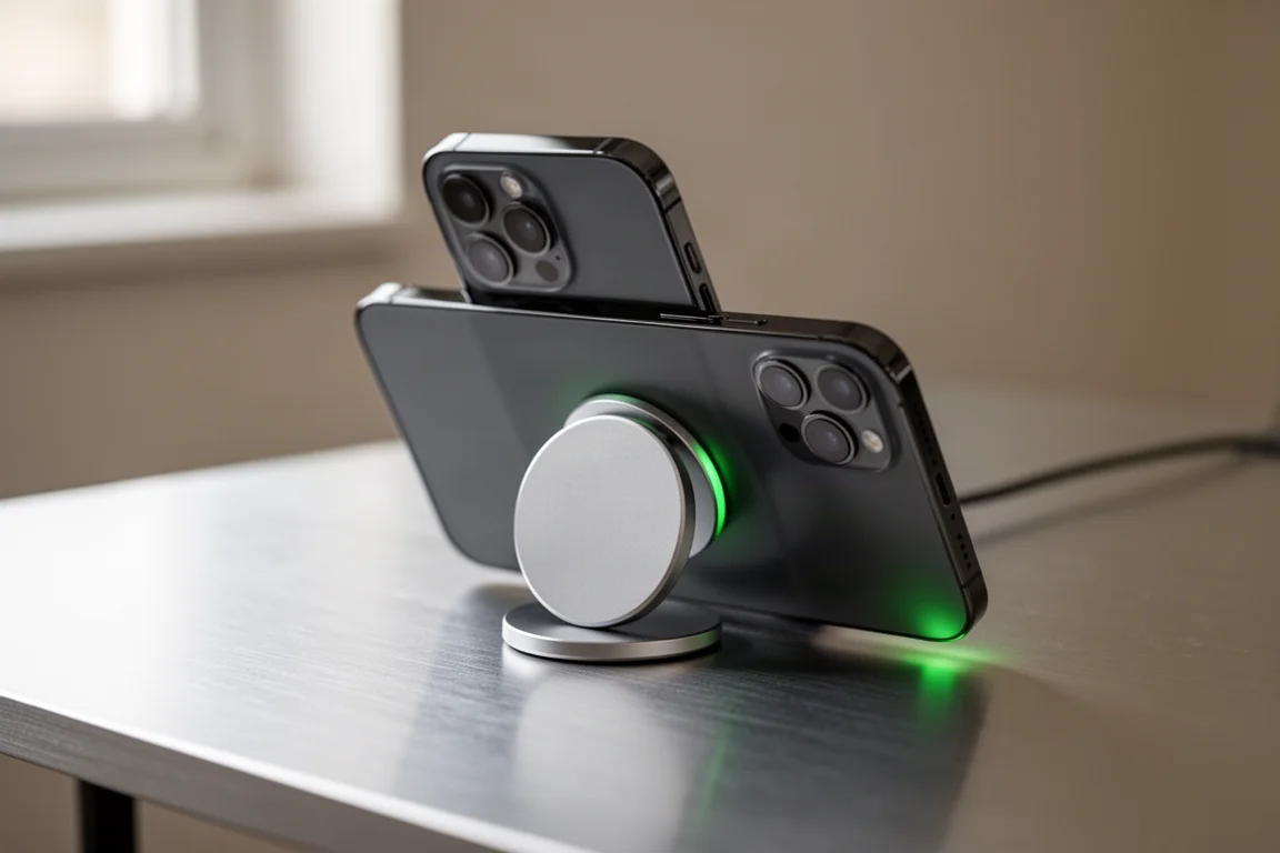 Smarttelefon som laddas trådlöst genom ett tunt magnetiskt grepp fäst på baksidan