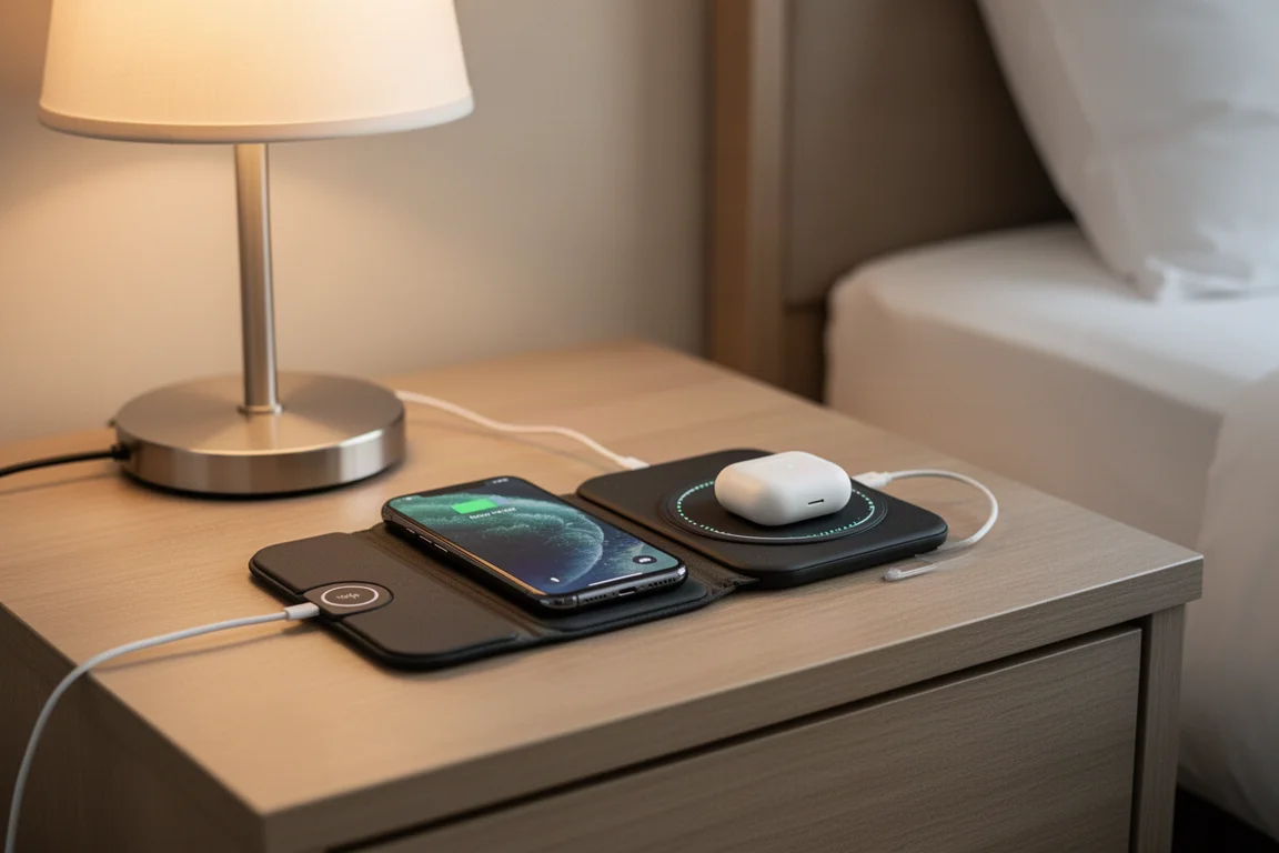 Telefon och öronsnäckor som laddas på en kompakt hopfällbar trådlös laddare på ett hotellrum