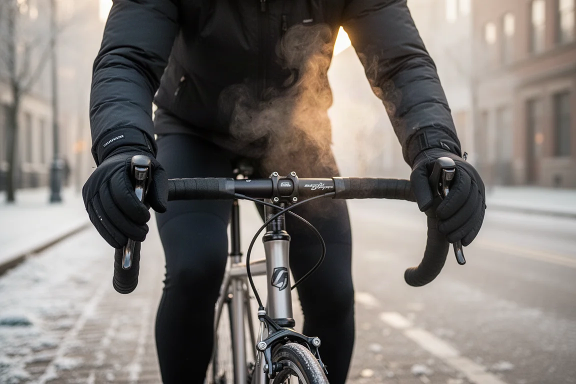 Cyklist med isolerade handskar som greppar styret på en kall morgontur
