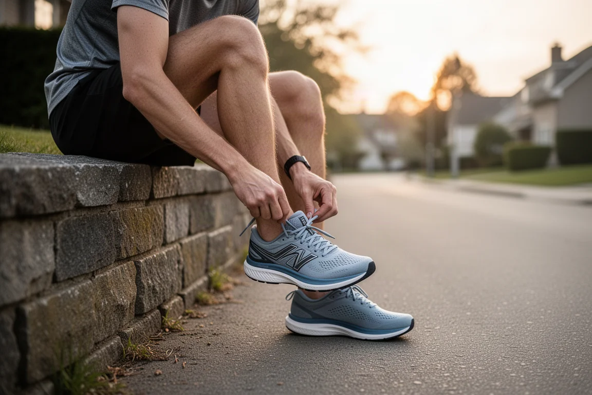 Läufer schnürt bei Morgendämmerung auf einer ruhigen Vorortsstraße einen Laufschuh
