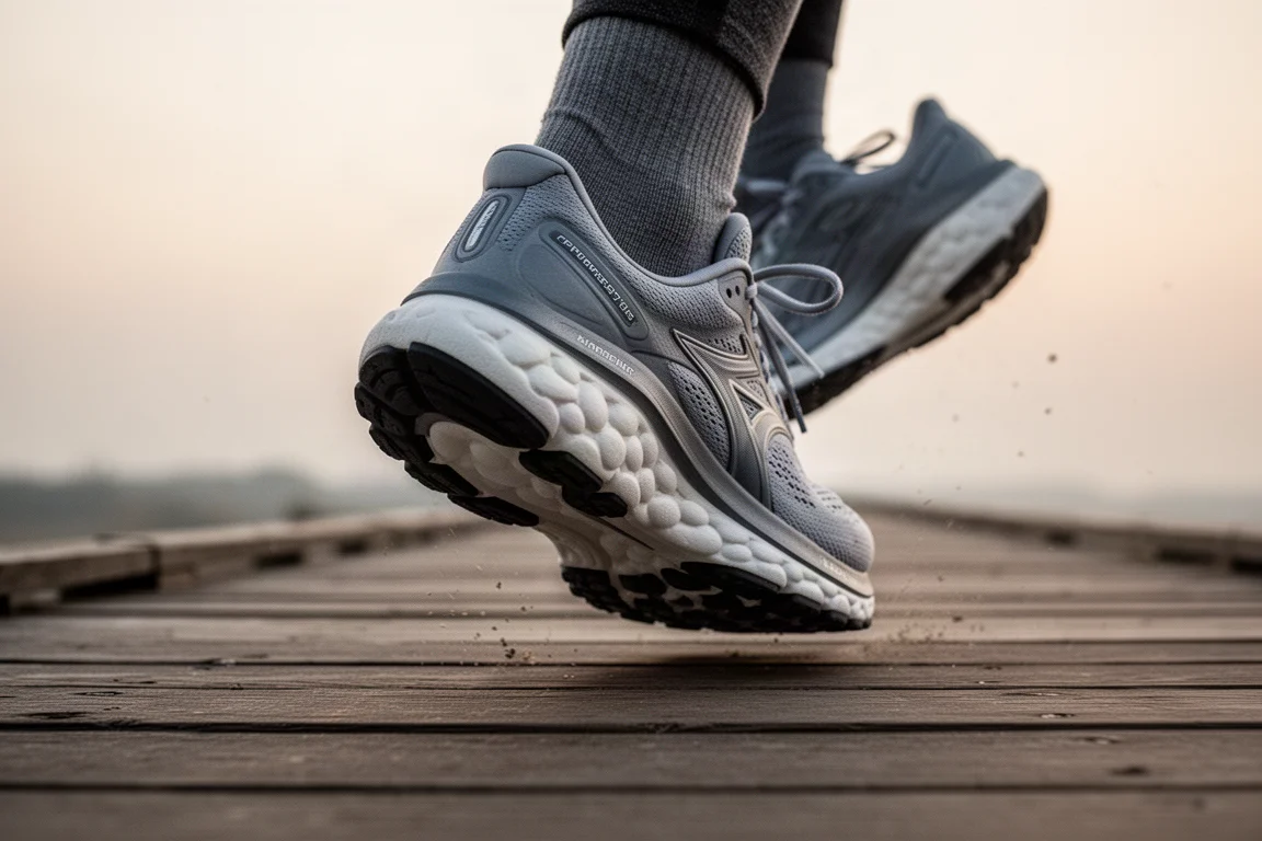 Schuh mit dicker Sohle mitten im Schritt auf einem Holzsteg